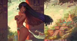 1girls black_hair brown_skin chel cleavage clothing covering_breasts cutesexyrobutts dark-skinned_female dark_skin detailed_background dreamworks female female_only highres loincloth long_hair solo standing the_road_to_el_dorado topless voluptuous rating:Questionable score:387 user:chooped