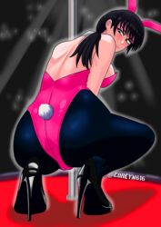  ass ass_focus black_eyes black_hair blushing_male chainsaw_man coreym616 looking_at_viewer looking_back mitaka_asa playboy_bunny pole smile squatting  rating:questionable score: user:coreymontana