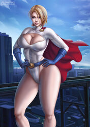 1girls big_boobs big_breasts blonde_hair blue_eyes blue_gloves blue_sky breasts city city_background cleavage day daytime dc female female_only flowerxl hands_on_hip kara_zor-l karen_starr large_breasts looking_at_viewer pale-skinned_female pale_skin power_girl red_cape short_hair smile solo solo_female solo_focus standing superman_(series) thick_thighs url watermark white_leotard rating:Safe score:82 user:justausername