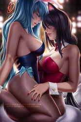 2girls ahri breasts bunny_ears bunny_girl bunnysuit cleavage female female_only large_breasts league_of_legends lesbian olchas pantyhose sona_buvelle yuri rating:Safe score:330 user:justausername