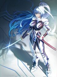  armored_bodysuit breasts female hair_intakes highres holding holding_sword holding_weapon katana large_breasts mitsurugi_meiya muv-luv muv-luv_alternative ponytail purple_hair shadow skin_tight solo soy_chicken sword weapon  rating:questionable score: user:bot