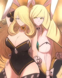 2girls adapted_costume aether_foundation alternate_breast_size alternate_costume arm_up armpits belly black_thighhighs blonde_hair breasts bunny_ears bunny_girl bunnysuit champion choker cintia_(pokémon) cleavage cleavage_cutout cynthia_(pokemon) eye_contact fake_ears fake_tail female female_only fluffy_tail green_eyes grey_eyes hair_ornament hair_over_one_eye half-closed_eyes hand_on_leg huge_breasts human large_breasts leg_grab long_hair lusamine_(pokemon) milf mother navel nintendo omiza_somi pokémon pokemon pokemon_dppt pokemon_sm ribbon samina_(pokémon) see-through silver_eyes smile source_request thick_thighs thigh_gap thighhighs thighs very_long_hair wide_hips yellow_background rating:Questionable score:537 user:SkySoulSword