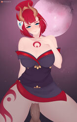 big_breasts blood_moon_evelynn blood_moon_series blue_eyes blue_nails blush clothed_sex clothing cum demon_girl evelynn japanese_clothes league_of_legends markings mask_on_head penetration penis pussy red_hair red_markings saecchi short_hair succubus rating:Explicit score:44 user:Saecchi