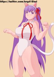 bb_(fate) big_breasts big_thighs cat_ears cat_tail eyebrows_visible_through_hair fate/extra_ccc fate/grand_order fate_(series) female_focus female_only keyd10iori leotard long_hair looking_at_viewer neko plain_background purple_eyes purple_hair ribbons smiling smiling_at_viewer solo solo_female standing thick_thighs very_long_hair rating:Explicit score:8 user:keyd10iori