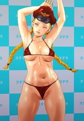 1girls absurdres armpits arms_up bare_arms bare_legs bare_shoulders between_labia bikini blonde_hair blush braid breasts breasts_apart cameltoe cammy_white cleavage cowboy_shot erect_nipples female green_eyes groin hat highres indoors innie_pussy large_breasts legs legs_apart long_hair looking_to_the_side midriff navel parted_lips pussy pussy_juice pussy_juice_trail red_bikini shaved_pussy shiny shiny_skin shiory solo standing street_fighter swimsuit thighs thong twin_braids wedgie rating:Explicit score:75 user:bot