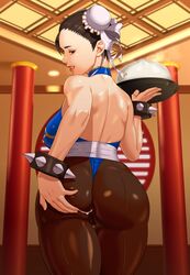 1girls absurdres anus ass ass_grab back backboob bare_shoulders black_eyes black_hair bracelet breasts capcom chinese_clothes chun-li clenched_teeth clothed cowboy_shot cum cum_in_ass double_bun female from_behind groin highres holding indoors jewelry large_breasts legs leotard looking_back makeup naughty_face pantyhose parted_lips pussy shiory sleeveless smile solo spiked_bracelet spikes standing street_fighter teeth thigh_gap thighs tray rating:Explicit score:182 user:bot