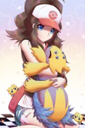  bag baseball_cap black_vest blue_eyes brown_hair bug closed_eyes curly_hair cutoffs daimonkisora denim denim_shorts female galvantula hat high_ponytail highres hilda_(pokemon) holding holding_pokemon hug joltik long_hair pink_bag pokemon pokemon_(creature) pokemon_bw short_shorts shorts shoulder_bag sidelocks sitting sleeveless sparkle spider tank_top vest wariza white_tank_top  rating:safe score: user:bot