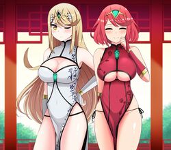 2girls absurdres alternate_costume bangs blonde_hair blush breasts bush china_dress chinese_clothes cleavage cleavage_cutout closed_eyes covered_navel day dress elbow_gloves fingerless_gloves gem gloves hair_ornament headpiece highres hip_focus huge_breasts jewelry latex long_hair looking_at_viewer multiple_girls mythra nintendo one_eye_closed panties pose pyra red_hair smile swept_bangs the_only_shoe thighs tiara underboob underwear very_long_hair xenoblade_(series) xenoblade_chronicles_2 yellow_eyes rating:Questionable score:120 user:darkmetaknight9