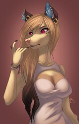 alternative_fashion anthro breasts brown_hair canid canine claws cleavage clothed clothing ear_piercing facial_piercing female hair looking_away mammal nut-bar piercing pink_eyes pink_nose scene_haircut simple_background solo rating:safe score: user:anonymous