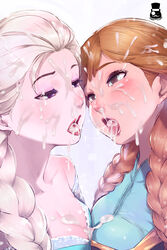 2girls anna_(frozen) bare_shoulders big_breasts blonde_hair blush braid breasts brown_hair clothing cum cum_between_breasts cum_in_nose cum_on_breasts cum_on_face cum_on_hair cum_on_tongue cum_sharing cum_string cum_swap disney elsa_(frozen) eyebrows eyelashes facial female female_only frozen_(film) hair human incest lips lipstick long_hair makeup medium_breasts mr.takealook multiple_girls open_mouth princess royal_slut royalty shiny shiny_skin sisters tongue tongue_out twin_braids rating:Explicit score:1083 user:master333