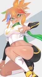 brown_hair female green_eyes inkling jtveemo multicolored_hair nipple_bulge oc rika_(character) rika_dimensional_ninja shuriken splatoon unusual_pupils rating:Questionable score:136 user:Sokar