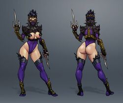 2d armed armor artist_request ass back_view cleavage_cutout crown dual_wielding female front_view gauntlets hair_bun masked mileena mortal_kombat no_shoes sai_(weapon) skimpy thighhighs unconvincing_armor weapon weapons rating:Questionable score:51 user:Lungdrakkar