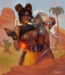 2girls ahe_gao amora areolae big_breasts bioluminescence blue_skin braid breasts clothes dark-skinned_female dark_skin day earrings elf ember_(fortnite) eye_contact fortnite glowing grass hair_grab half-closed_eyes heavy_breathing hoop_earrings interspecies kissing lipstick lipstick_mark long_hair looking_at_viewer lots_of_lipstick_marks luxe_(fortnite) nail_polish nipple_piercing nipples nose_ring outdoors pierced_nipples piercing ponytail red_sclera rolling_eyes shirt shirt_lift smile standing tattoo text watermark yellow_eyes yellow_lipstick yellow_nails yuri rating:Explicit score:258 user:Amora