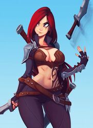 breasts clothed female katarina_du_couteau knife league_of_legends navel raichiyo33 red_hair riot_games scar tattoo rating:Safe score:153 user:westlander2