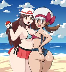 2girls ass back beach bikini breasts brown_eyes brown_hair cap collaboration female female_only hat heart human human_only jinu large_ass large_breasts leaf_(pokemon) long_hair lyra_(pokemon) mergeritter multiple_girls nintendo open_mouth poke_ball pokemon pokemon_frlg pokemon_hgss pokemon_rgby sea seaside skirt small_breasts sweat text thick_thighs twintails watermark wet wide_hips rating:Questionable score:205 user:EdgySexy