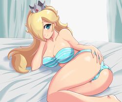 1girls alternate_costume aqua_bra aqua_panties ass ass_focus bare_arms bare_legs bare_shoulders bed big_ass big_butt blonde_hair blue_eyes blush bra breasts bubble_ass bubble_butt butt_focus cleavage closed_mouth cogbrony collarbone crown curtains dat_ass day erect_nipples eyebrows_visible_through_hair female female_only hair_over_one_eye hand_on_own_ass hand_on_own_face huge_ass human human_only jewelry large_breasts legs lingerie long_hair looking_at_viewer lying mario_(series) neck nintendo on_bed on_side panties presenting presenting_hindquarters princess_rosalina shiny_hair shiny_skin smile solo strapless strapless_bra striped striped_bra striped_panties super_mario_galaxy thick_ass rating:Questionable score:196 user:darkmetaknight9