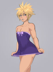 1boy androgynous bare_shoulders blonde_hair blue_eyes cloud_strife color crossdressing dress femboy final_fantasy final_fantasy_vii girly lingerie male male_only penis_under_dress shadman simple_background solo standing thunder_head trap rating:Questionable score:411 user:R-998