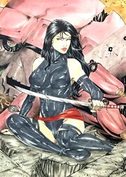 1girls 2016 betsy_braddock big_breasts black_hair blue_clothes blue_clothing blue_eyes blue_leotard blue_sleeves blue_stockings breasts busty curvaceous curvy dated ed_benes_studio elizabeth_braddock female female_only holding_sword holding_weapon homo_superior human katana kwannon lanio_sena leotard long_hair marvel marvel_comics mecha mutant pinup psylocke red_lips red_lipstick robot ruins sentinel signature sleeves solo stockings straight_hair superheroine sword telepath thighs voluptuous x-men rating:Explicit score:7 user:JackieEstacadoThrowaway