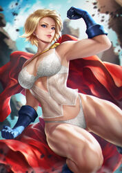 1girls absurdres armpit blonde_hair blue_eyes blue_gloves bra breasts bridal_lingerie bustier cape cleavage clouds dc dc_comics female female_only gloves highres human karen_starr large_breasts lingerie muscle muscular_female muscular_thighs navel neoartcore panties power_girl solo superman_(series) thick_thighs thighs thong veiny_muscles white_bra white_panties rating:Questionable score:212 user:gougetsu00