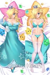 bare_shoulders bed bed_sheet blonde_hair blue_dress blue_eyes blush bra breasts cleavage clogs crown daki-makura dakimakura dakimakura_design dress female gem headpiece highres holding holding_bra holding_wand jewelry large_breasts lingerie long_hair long_sleeves looking_at_viewer luma lying mario_(series) moe_market navel nintendo nipples open_mouth panties pillow png princess_dress princess_rosalina pussy resized shy smile solo_focus star star_print super_mario_galaxy thighhighs underwear upscaled very_long_hair wand watermark rating:Questionable score:81 user:darkmetaknight9