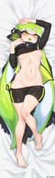 1girls agent_3_(splatoon) alternate_breast_size arms_up artist_name barefoot bike_shorts bodypillow breasts breasts_apart cameltoe color dakimakura fangs feet female female_only green_hair headphones highres inkling inkling_girl jacket jtveemo long_hair looking_at_viewer lying medium_breasts navel nipples no_bra on_back one_breast_out open_clothes open_jacket open_mouth shirt_lift solo splatoon splatoon_2 splatoon_2:_octo_expansion splatoon_3 stomach thigh_gap toes toned very_long_hair yellow_eyes rating:Explicit score:289 user:bot