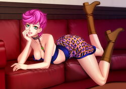 1girls ass bedroom_eyes boots breasts clothed clothing couch female female_only green_eyes jojo's_bizarre_adventure legendarysoulii legs_up legwear looking_at_viewer nipple_slip nipples pink_hair short_hair skirt small_breasts smile sofa solo trish_una vento_aureo rating:Questionable score:159 user:Lifenccino