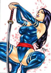 1girls 2018 abstract_background betsy_braddock big_breasts blue_clothing blue_eyes blue_stockings breasts curvy dated ed_benes_studio elizabeth_braddock erect_nipples female female_only fred_benes homo_superior human katana kwannon leotard long_hair marvel mutant nail_polish nipples nipples_visible_through_clothing pink_nail_polish pink_nails pinup psylocke purple_hair purple_lips signature solo stockings straight_hair sword tight_clothing voluptuous weapon x-men rating:Explicit score:54 user:JackieEstacadoThrowaway