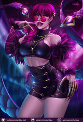 1girls alternate_costume claws evelynn female female_focus female_only fur glasses hair hair_ornament jewelry k/da_evelynn k/da_series latex league_of_legends lips lipstick long_hair looking_at_viewer looking_over_eyewear looking_over_glasses luminyu makeup nail_guards pink-tinted_eyewear pink_hair pinup purple_hair purple_lipstick solo solo_focus sunglasses tattoo thick_thighs thighs tinted_eyewear yellow_eyes rating:Questionable score:110 user:drackenzo