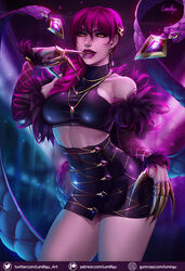 1girls alternate_costume claws evelynn female female_focus female_only fur hair hair_ornament jewelry k/da_evelynn k/da_series latex league_of_legends lips lipstick long_hair looking_at_viewer luminyu makeup pencil_skirt pink_hair pinup purple_hair purple_lipstick solo solo_focus tattoo thick_thighs thighs tight_skirt yellow_eyes rating:Questionable score:102 user:drackenzo