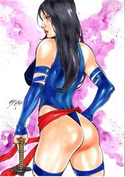 1girls 2018 abstract_background ass betsy_braddock big_breasts black_hair blue_clothing blue_eyes blue_leotard blue_sleeves breasts busty curvaceous curvy dated ed_benes_studio erect_nipples female female_only fingerless_sleeves from_behind holding_object holding_sword holding_weapon homo_superior human iago_maia leotard marvel marvel_comics mutant nail_polish nipple_bulge nipples nipples_visible_through_clothing pink_lips pinup psylocke purple_nail_polish purple_nails red_sash sash signature sleeves solo straight_hair superheroine telepath thong voluptuous x-men rating:Explicit score:18 user:JackieEstacadoThrowaway