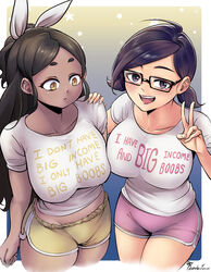 2girls absurd_res bakuatsukiyu big_breasts black_hair breasts broke-chan_(bakuatsukiyu) busty clothes clothes_writing collarbone dark-skinned_female dark-skinned_male dark_skin endo_(ravenhart) english_text female female_only glasses gym_shorts highres light-skinned_female light_skin original peace_sign purple_eyes shorts slightly_chubby t-shirt text text_on_clothing v v_sign yellow_eyes rating:Questionable score:90 user:crazybaby