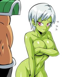 1boy 1girls :s abs alien alien_girl armor arms_up belly blush breasts broly cheelai clothed covered_nipples covering covering_breasts covering_crotch dragon_ball dragon_ball_super ear embarrassed eyebrows eyebrows_visible_through_hair eyelashes eyes faceless_male female female_focus green_skin humanoid larger_male legs lewdamone male naked navel neck nude pink_eyes round_ears short_hair shoulders shounen_jump shy size_difference smaller_female source_request sweat thick_thighs wet white_background white_eyebrows white_hair rating:Questionable score:239 user:TwinDrive