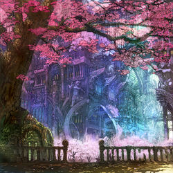  angel building cherry_blossoms commentary_request copyright_request flower landscape light munashichi no_humans painttool_sai_(medium) petals railing scenery tree window wings  rating:general score: user:bot