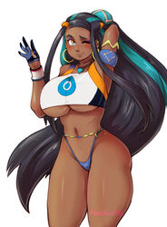 1girls alternate_breast_size arm_up armpits belly big_breasts blue_eyes blue_hair blush breasts clothed dark-skinned_female dark_skin female female_only gloves gym_leader huge_breasts human large_breasts long_hair midriff navel nessa_(pokemon) nintendo one_eye_closed panties pinkkoffin pokemon pokemon_ss shirt smile solo standing text thick_thighs thong underboob watermark white_background wide_hips wink rating:Questionable score:199 user:TheRedMaverick