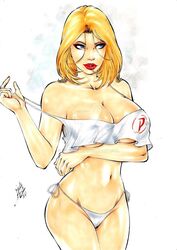 1girls 2017 belly_button big_breasts blonde_hair blue_eyes breasts busty curvaceous curvy dated dc dc_comics deviantart ed_benes_studio erect_nipples female female_only jsa justice_society justice_society_of_america kara_zor-l karen_starr lanio_sena large_breasts makeup mascara midriff navel nipple_bulge nipples nipples_visible_through_clothing panties pinup power_girl red_lips red_lipstick shirt shirt_pull shirt_tug short_hair signature solo stomach strap_slip superheroine tank_top thighs thong traditional_media_(artwork) voluptuous watermark white_background white_panties white_shirt white_tank_top white_thong white_topwear rating:Questionable score:42 user:JackieEstacadoThrowaway