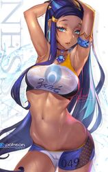 1girls abs armpits blue_eyes blue_hair breasts cameltoe cleavage clothed dark-skinned_female dark_skin female female_only gtunver gym_leader half-closed_eyes hands_behind_head heavy_breathing human looking_at_viewer navel nessa_(pokemon) nintendo patreon pokemon pokemon_ss see-through_bikini solo text thigh_gap url wet wide_hips rating:Safe score:232 user:justausername