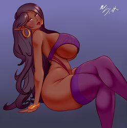 1girls big_lips bracelet breasts clothed curvaceous dark-skinned_female dark_skin earrings elf female female_only freckles gold gold_jewelry gradient_background huge_breasts humanoid jewelry lingerie lipstick long_ears long_hair looking_at_viewer mr_sithums original_character purple_eyes purple_legwear red_lipstick side_view signature sitting skimpy skindentation solo thick_thighs thighhighs underboob vanessa_(live_for_the_funk) very_long_hair voluptuous rating:Questionable score:203 user:SolemnTagger