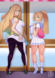 2girls aether_foundation age_difference aged_up alternate_breast_size alternate_outfit ass bare_shoulders big_ass big_breasts blonde_hair breasts clothed clothes color dress eye_contact eyelashes female female_only full_body green_eyes hair_over_one_eye hand_on_ass handbag high_heels human leggings lillie_(pokemon) long_hair looking_at_viewer looking_back looking_back_at_viewer lusamine_(pokemon) milf mother mother_and_daughter nintendo older open_mouth pokemon pokemon_sm ponytail reflection revolverwingstudios shirt shoes sideboob skin_tight skirt smile socks standing teeth text thick_thighs tongue url very_long_hair watermark wide_hips rating:Questionable score:503 user:Anonymous77