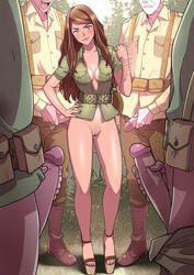 1girls 4boys blue_eyes blush bottomless braces brown_hair clothing cute female high_heels imminent_gangbang imminent_sex jerk_off_motion jerking long_hair male military military_uniform multiple_boys naughty_face open_toe_shoes original penis platform_heels pussy smile tammy_(tekuho) teenager tekuho rating:Explicit score:732 user:Frog234