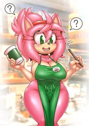 1girls ? accessory amy_rose anthro apron apron_only barista big_breasts blush breasts casual cleavage clothing cup curvaceous curvy fast_food female fur furry green_eyes hair hair_accessory hairband hedgehog holding_object iced_latte_with_breast_milk long_hair mammal meme michiyoshi naked nude outerwear pink_body pink_fur pink_hair public question_mark sega solo sonic_(series) sonic_the_hedgehog_(series) standing starbucks sweat sweatdrop thick_thighs uniform voluptuous wide_hips rating:Explicit score:189 user:DarkGS52