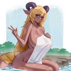 1girls big_breasts blonde_hair dark-skinned_female dark_skin dragon dragon_girl dragon_horns dragon_tail female female_only green_eyes hi_res horns legs_in_water long_hair looking_at_viewer nude nude_female onsen pointy_ears pyrite_(kanel) seventeencrows sitting smiling smiling_at_viewer solo tail towel towel_only v_sign rating:Questionable score:59 user:BlueVertig0