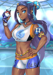 1girls abs armlet bare_arms bare_legs bare_shoulders bike_shorts black_hair blue_eyes blue_hair bracelet breasts dark_skin earrings female female_only gloves grin gym_leader hair_ornament hand_on_hip hand_up holding holding_poke_ball hoop_earrings human human_only indoors jewelry large_breasts legs long_hair looking_at_viewer midriff multicolored multicolored_gloves multicolored_hair navel neck necklace nessa_(pokemon) nintendo parted_lips poke_ball pokemon pokemon_ss redjet short_shorts shorts single_glove sleeveless smile solo sportswear standing two_tone_hair rating:Questionable score:51 user:Mikaho