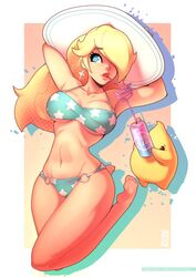 1girls 1other ambiguous_gender arms_behind_head arms_up beach bikini blonde_hair blue_bikini blue_eyes breasts cleavage earrings female female_focus full_body grand-sage hair_over_one_eye hat long_hair luma mario_(series) nintendo outdoors princess_rosalina simple_background sun_hat super_mario_galaxy swimsuit thighs underboob rating:Questionable score:143 user:Freezer88