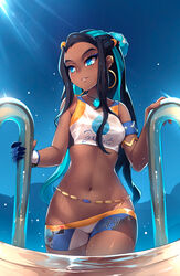 1girls abs alternate_breast_size blue_eyes blue_eyeshadow blue_hair breasts brunette cleavage clothed dark-skinned_female dark_blue_hair dark_skin egirl eyelashes eyeshadow female female_only gym_leader hourglass_figure human kerasu lipstick long_hair medium_breasts midriff multicolored_hair navel nessa_(pokemon) nintendo pokemon pokemon_ss pool ricegnat shirt shorts skinny slim smile solo teenager two_tone_hair viewed_from_below water wet wet_clothes wide_hips rating:Safe score:419 user:justausername