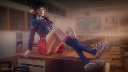 1girls 3d academy_d.va alternate_costume areolae asian autodesk_maya black_hair blizzard_entertainment braid braided_hair braided_twintails breasts brown_eyes brown_hair checkered_skirt classroom cute d.va eyelashes eyeliner facial_mark facial_markings female female_only fringe glasses inviting_to_sex kneehighs light_skin long_hair looking_at_viewer naughty_face nipples on_table overwatch presenting_pussy pussy school_uniform schoolgirl shoes skinny slim sneakers solo stockings teenager vgerotica video_games rating:Explicit score:167 user:justausername