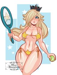 1girls big_breasts bikini blonde_hair blue_eyes breasts cleavage clothing crown curvy female female_only hair hair_over_one_eye human long_hair mario_(series) mario_tennis missbehaviour navel nintendo princess princess_rosalina solo star_bikini tennis_ball tennis_racket thick_thighs thighs video_games rating:Questionable score:90 user:EdgySexy