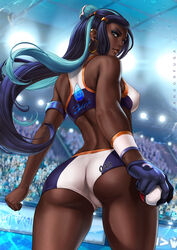 1girls alternate_breast_size ass audience back back_view being_watched big_ass big_breasts blue_eyes blue_hair breasts bubble_butt cameltoe cleavage clothed clothing dandon_fuga dark-skinned_female dark_skin deviantart earrings eye_contact eyelashes eyeshadow female female_only gloves golden_earrings human human_only long_hair looking_at_viewer looking_back looking_down makeup medium_breasts nessa_(pokemon) nintendo pokemon pokemon_ss solo solo_female solo_focus standing text thick_thighs thigh_gap very_dark_skin watermark wide_hips rating:Questionable score:299 user:justausername