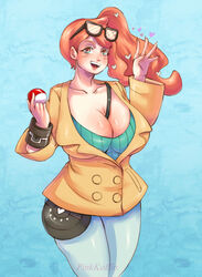 1girls alternate_breast_size bag between_breasts big_breasts blue_background blue_eyes blush bracelet cleavage clothed coat eye_contact eyelashes eyewear_on_head female female_only hair_ornament heart holding huge_breasts human human_only looking_at_viewer nintendo open_mouth orange_hair pants pinkkoffin poke_ball pokemon pokemon_ss ponytail purse shirt smile solo sonia_(pokemon) standing sunglasses sunglasses_on_head teeth text thick thick_thighs tongue watermark waving wide_hips rating:Questionable score:99 user:HugeAndNasty