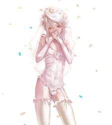 1boy bulge confetti corrin_(fire_emblem) corrin_(fire_emblem)_(male) corset covering_mouth crossdressing cute cute_male femboy femoby_bride fire_emblem fire_emblem_fates flowers flowers_in_hair girly gloves hands_over_mouth lingerie male_bride male_only panties penis_under_clothes pointy_ears red_eyes samsara samsara_(shuukeura) short_hair sissy solo stockings thighhighs trap trap_bride veil wedding_lingerie white_background white_hair rating:Questionable score:226 user:PhantomStrider