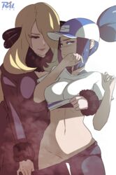 2girls abs age_difference belly bettie_(pokemon) big_breasts black_hair blonde_hair blue_eyes blue_hair blush breasts clothed clothes coat cynthia_(pokemon) eye_contact eyelashes female female_only grey_eyes hair_ornament hair_over_one_eye half-closed_eyes hat huge_breasts human large_breasts larger_female long_hair looking_at_viewer navel nintendo pantyhose pokemon pokemon_dppt pokemon_masters ponytail r3dfive shirt shirt_lift size_difference smaller_female standing text thick_thighs thigh_gap undressing undressing_another very_long_hair watermark white_background wide_hips yuri rating:Explicit score:322 user:TheRedMaverick